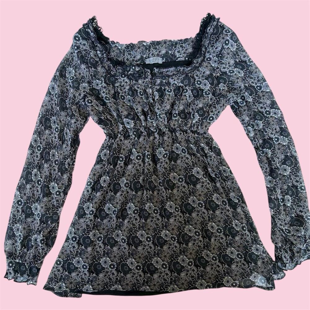 Black & white floral lace long sleeve babydoll tunic/blouse with puffy sleeves